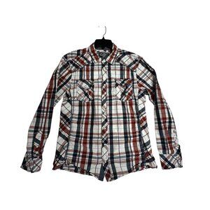 BKE Buckle L/S White Plaid Pearl Snap Shirt Mens Large Athletic Fit